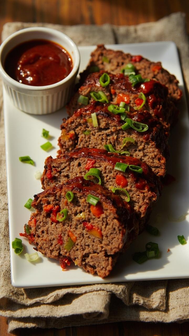 Sliced meatloaf with flecks of red and green bell pepper visible on a white rectangular plate a small ramekin of Creole-style barbecue sauce nearby a few chopped green onions sprinkled on top a rustic napkin under the plate
