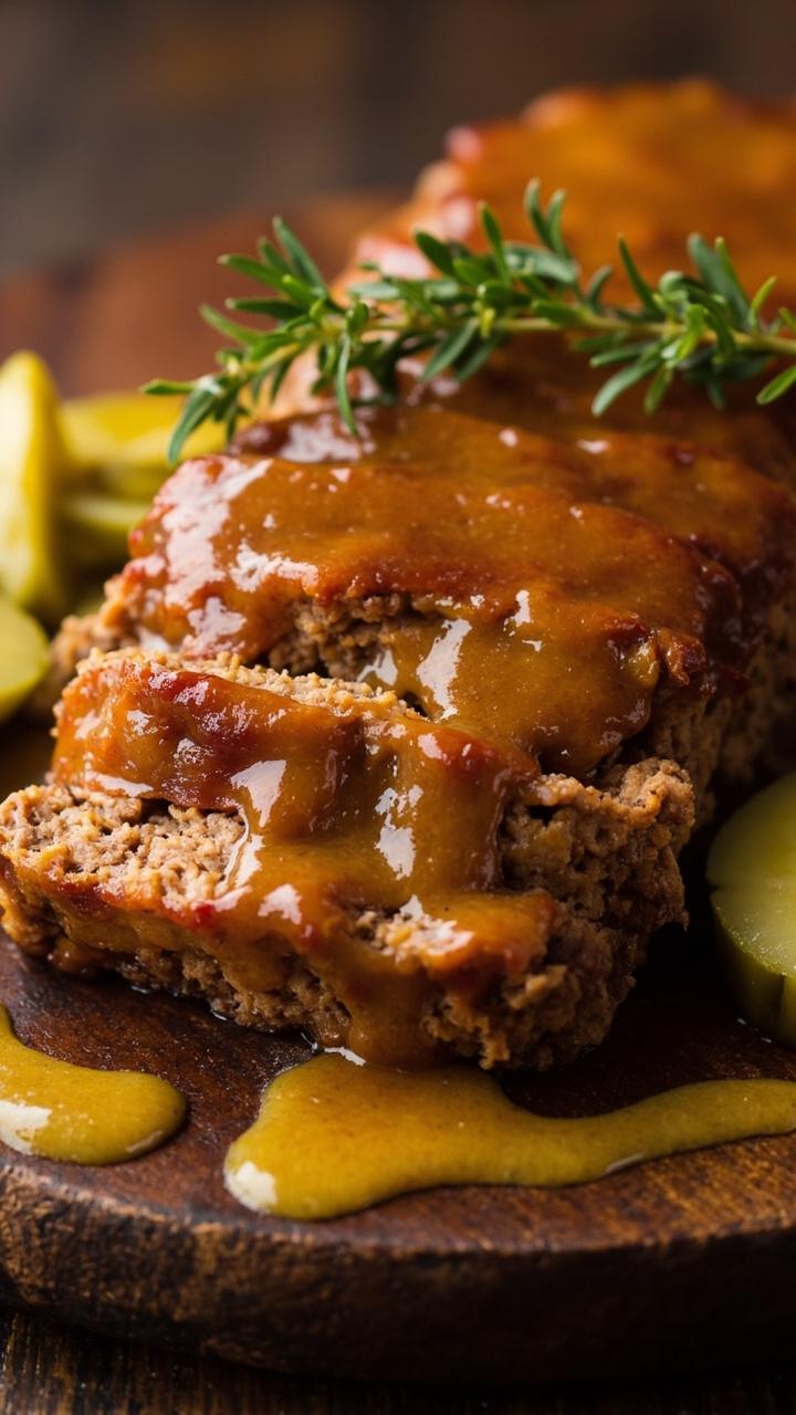 Sliced meatloaf with a golden honey mustard glaze on a round wooden board a small drizzle of extra glaze on the board a few thinly sliced pickles on the side a sprig of fresh thyme for garnish