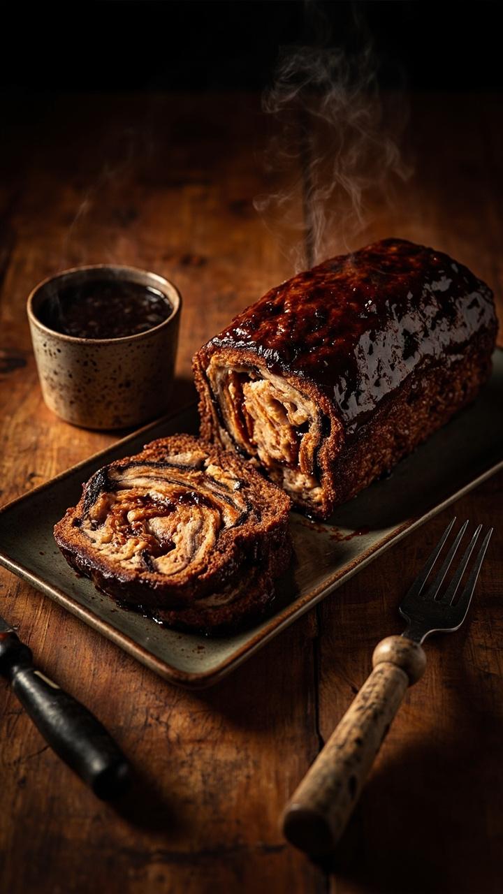 Loaf with dark glossy molasses glaze sliced on a rectangular platter slices fanned with visible pork and beef marbling a small ramekin of extra glaze a rustic fork beside the platter