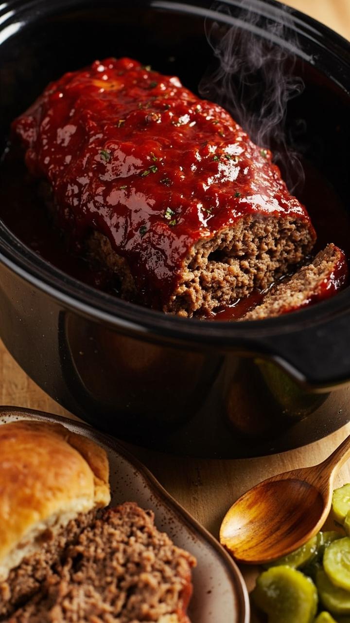 A tall rounded meatloaf in a slow cooker crock topped with thick tomato glaze a few slices plated beside a soft sandwich roll and pickles a wooden spoon leaning against the cooker