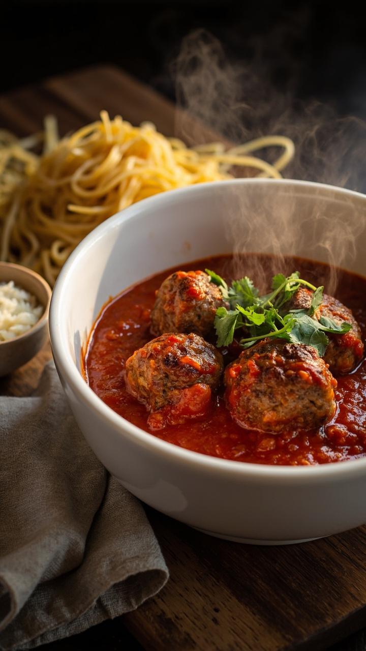 A deep white serving bowl of glossy red tomato sauce with round brown meatballs nestled inside garnished with chopped flat leaf parsley next to a pile of steaming spaghetti on a wooden board linen napkin and a small dish of grated parmesan