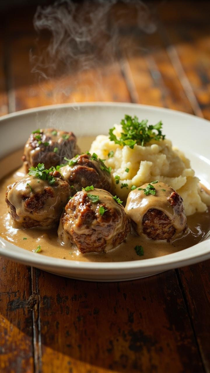 Creamy beige gravy coating round brown meatballs on a shallow white dish with a dollop of mashed potatoes beside them a sprinkle of chopped parsley and a rustic wooden table