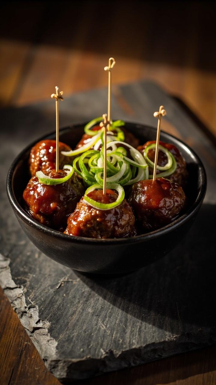 A shallow black bowl piled with glossy dark brown meatballs coated in sticky barbecue sauce garnished with sliced green onions and placed on a slate board with cocktail picks
