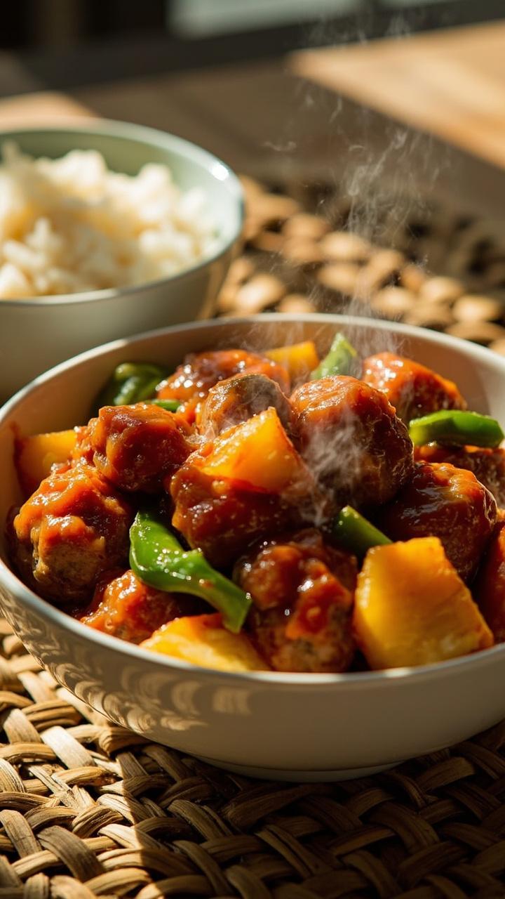 A shallow white bowl of bright orange glossed meatballs topped with sliced green bell pepper and pineapple chunks served on a rattan placemat with a small bowl of steamed jasmine rice