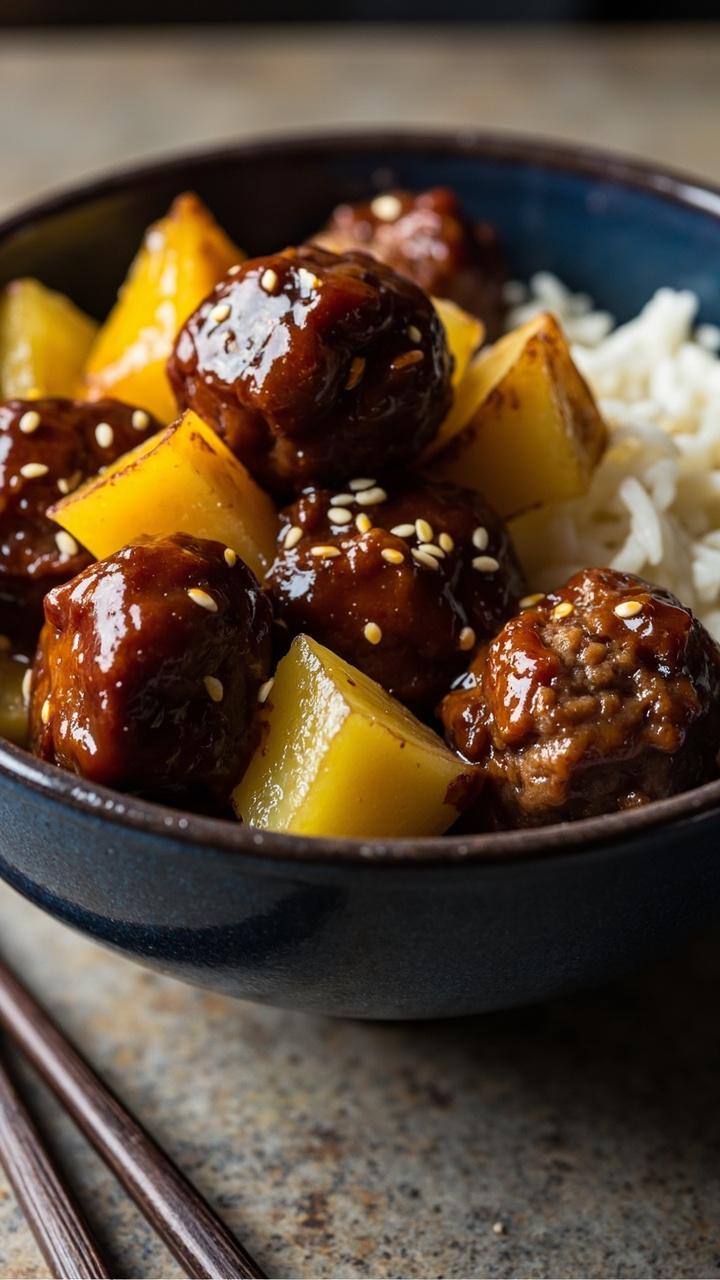 A shallow navy bowl with shiny dark brown meatballs coated in teriyaki sauce topped with pineapple chunks and sesame seeds beside a small mound of white rice and chopsticks