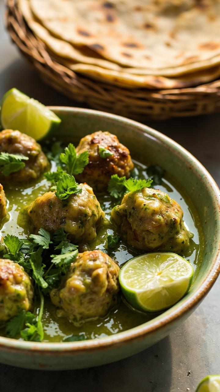 A shallow green rimmed bowl of pale green salsa verde with tender turkey meatballs garnished with chopped cilantro lime wedges on the side and a stack of corn tortillas in a basket