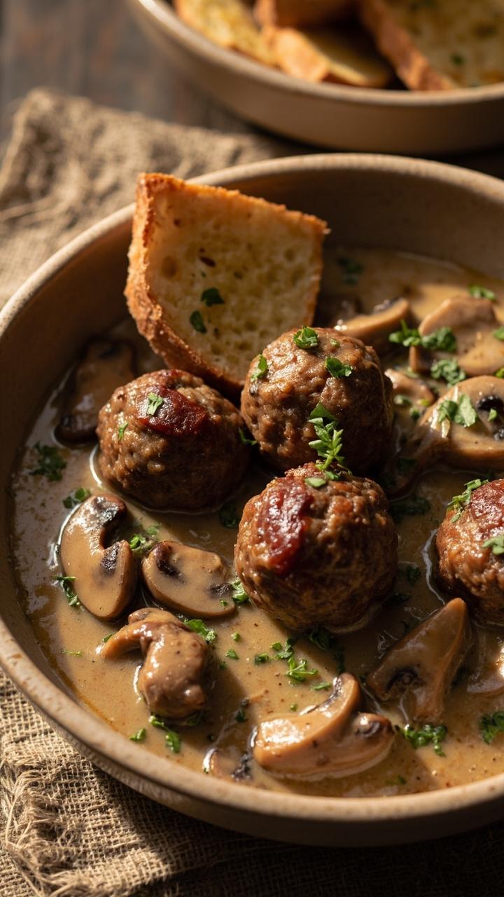 A shallow beige bowl of brown meatballs nestled in a creamy mushroom sauce dotted with chopped thyme and a small slice of crusty bread on a linen napkin