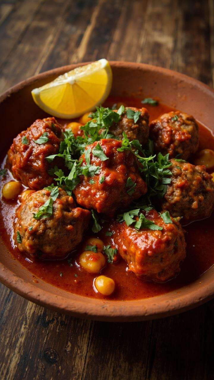 A shallow terracotta bowl with reddish harissa sauce coated meatballs and whole chickpeas garnished with chopped cilantro and a lemon wedge on the side placed on a wooden table