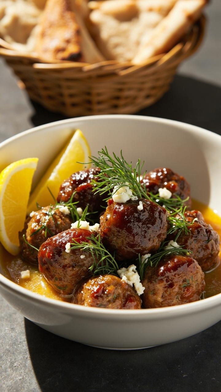 A shallow white bowl of golden brown meatballs in a light lemon herb sauce sprinkled with chopped dill and crumbled feta with lemon wedges on the side and pita triangles in a basket