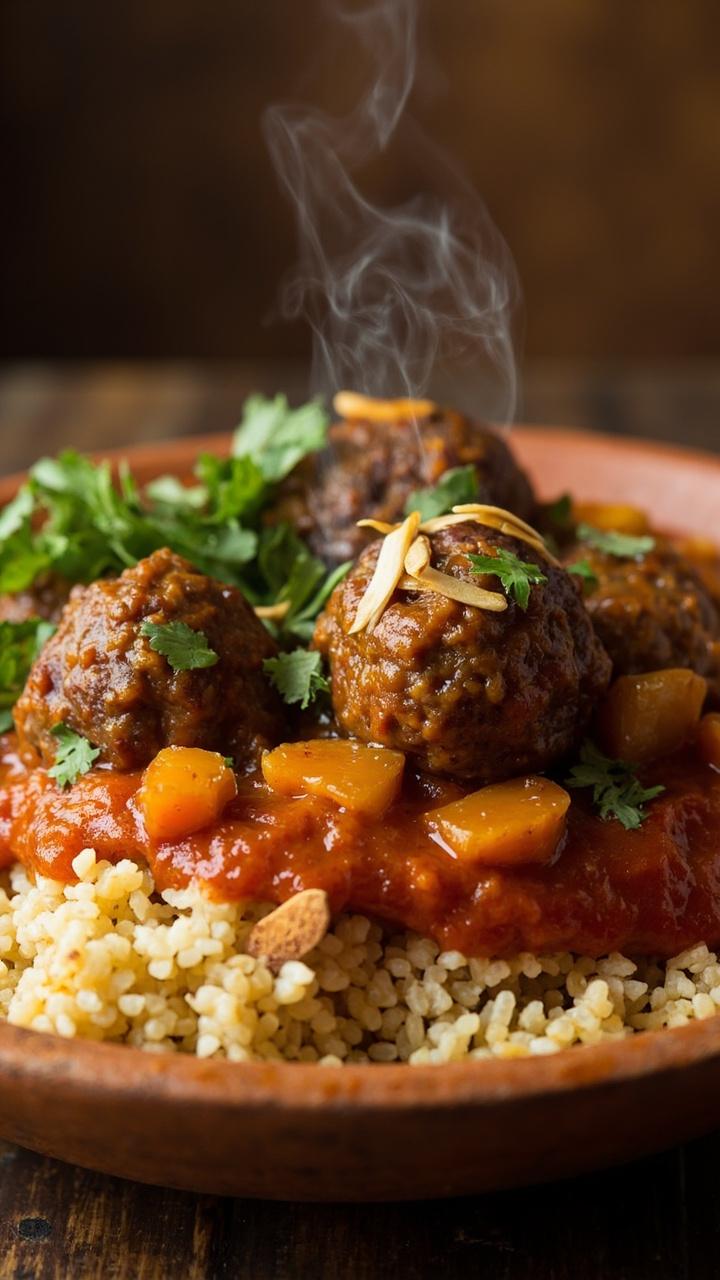 A shallow terracotta dish of reddish orange sauce with meatballs dotted with chopped apricot pieces and chopped cilantro served over a mound of fluffy couscous and a sprinkling of toasted almonds