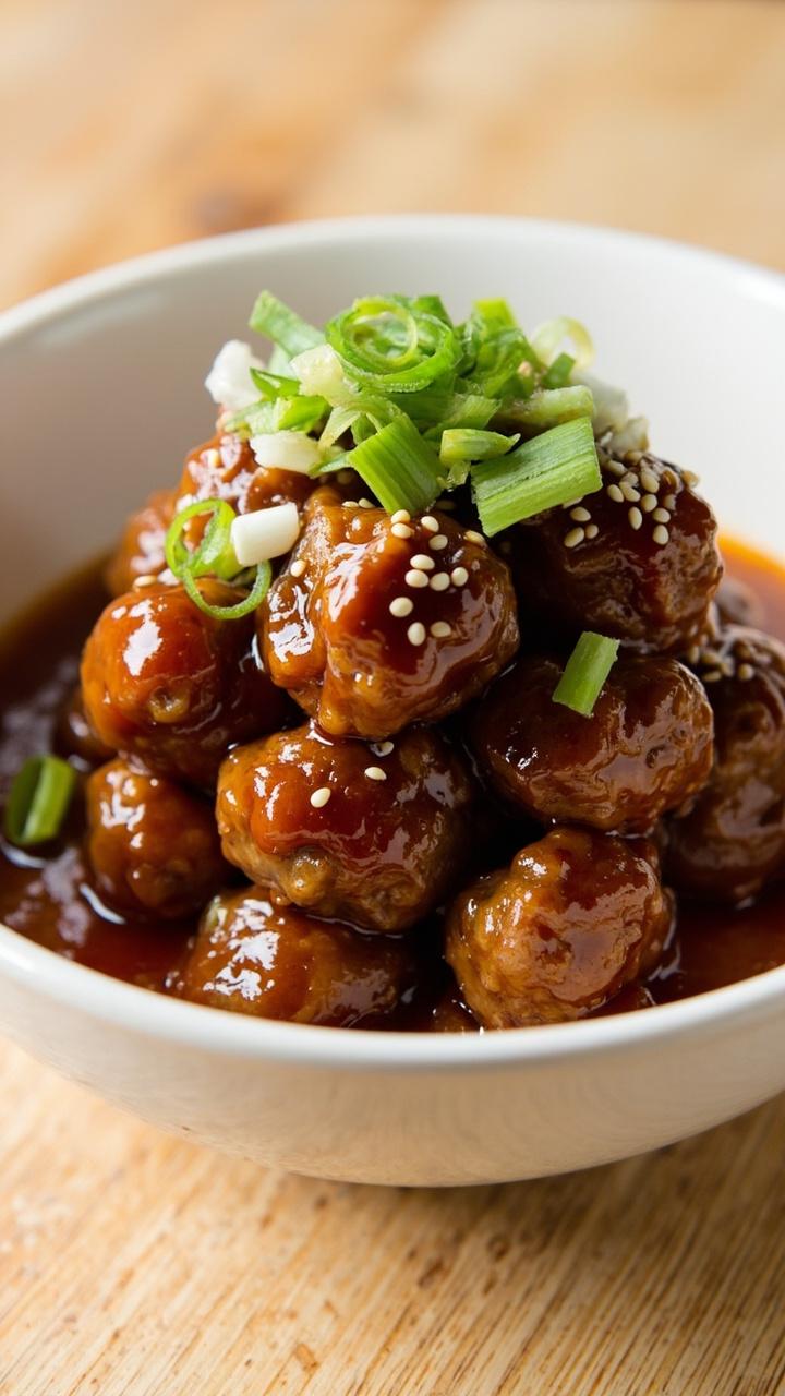 A shallow white bowl filled with shiny brown meatballs coated in a sticky honey garlic sauce sprinkled with thinly sliced green onions and sesame seeds set on a light wood table