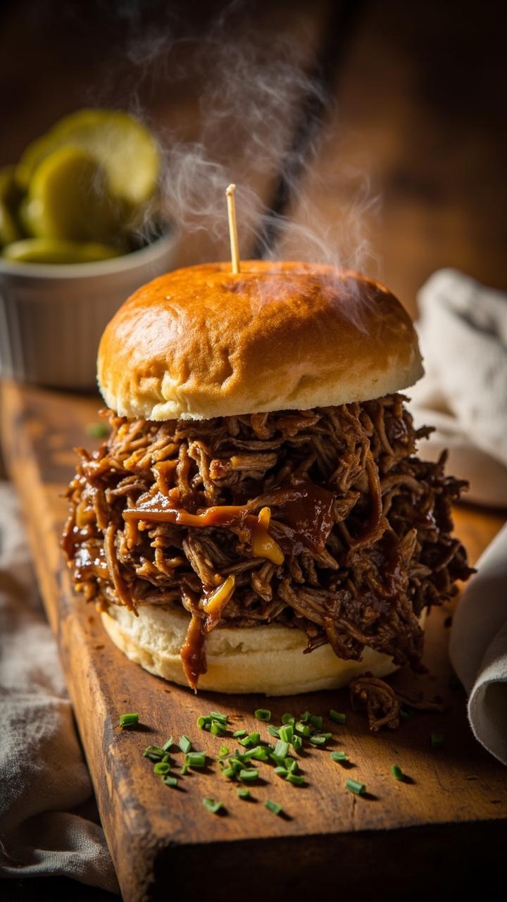 Mini soft slider buns filled with shredded slow cooked hamburger in a glossy brown gravy. A small stack on a wooden board beside a ramekin of pickles and a scattering of chopped chives. Warm steam rising and a cotton napkin folded nearby.