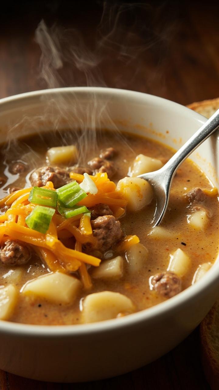 Thick creamy soup in a shallow white bowl with visible diced potatoes, crumbled browned hamburger, melted orange cheese swirls and green scallion slices on top. A spoon rests at the edge and a crusty bread slice sits nearby.