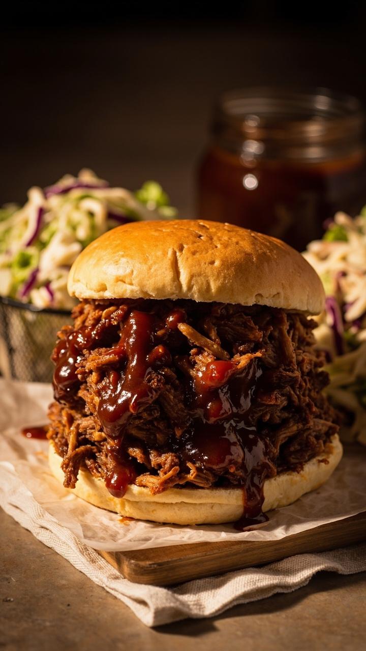 Pulled hamburger coated in glossy dark barbecue sauce piled on a split soft roll. A mound of thin coleslaw on the side and a small jar of extra sauce in the background. A napkin folded under the sandwich.