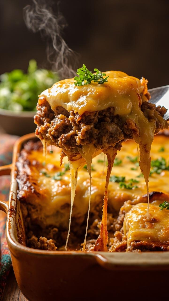 A square casserole dish filled with golden melted cheese, browned hamburger visible beneath, and a sprinkle of chopped parsley. A serving spoon shows a square scooped out and a small side salad in the background.