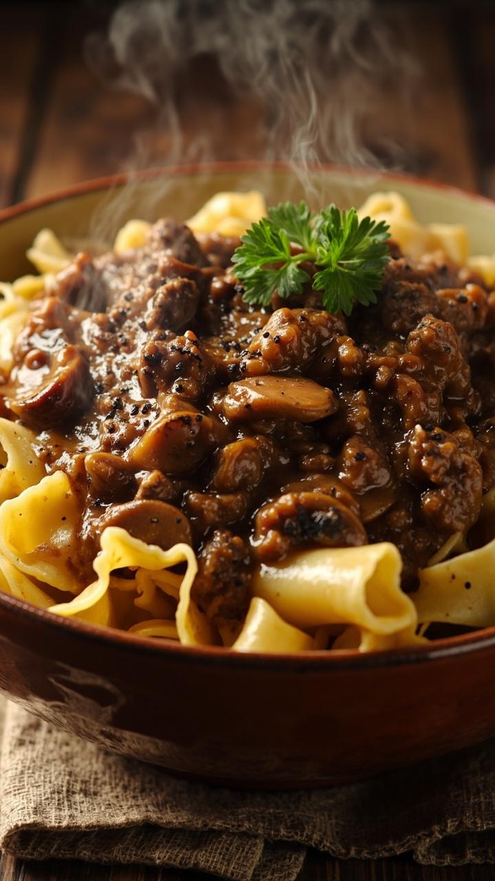 Bowl of wide egg noodles topped with creamy brown beef sauce studded with sliced mushrooms and tender crumbled hamburger. A sprig of parsley and a scattering of cracked pepper on top and a linen napkin beneath the bowl.