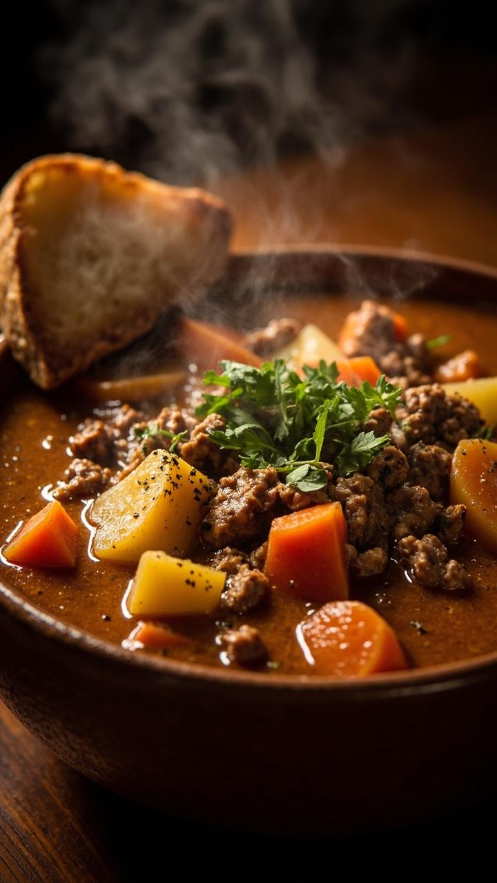 Deep bowl of chunky stew with cubed potatoes, carrots, and crumbled hamburger in a rich brown broth. A dusting of chopped parsley on top and a thick slice of crusty bread leaning against the bowl.