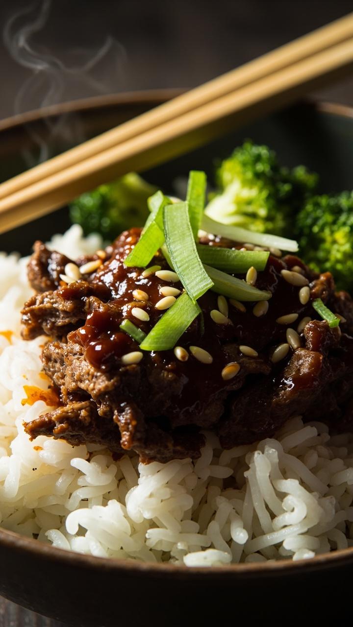 A shallow bowl with steamed white rice topped with glazed shredded hamburger, thinly sliced scallions, sesame seeds, and steamed broccoli florets. A pair of chopsticks rests across the bowl.