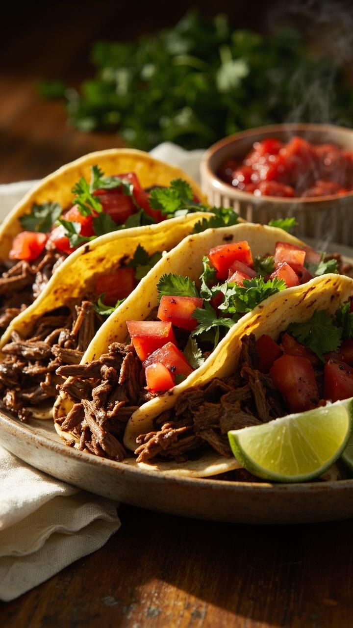 Soft corn tortillas filled with seasoned shredded hamburger, diced tomatoes, chopped cilantro, and a lime wedge on the side. A small bowl of salsa and a folded napkin complete the scene.