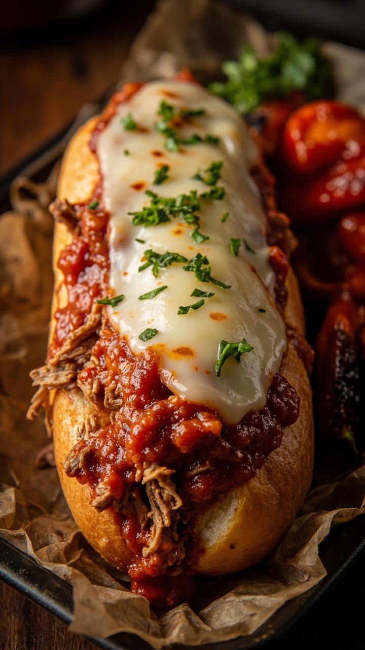 Long sandwich roll filled with saucy shredded hamburger and thick red marinara, topped with melted provolone and a sprinkle of chopped basil. The sandwich sits on a parchment lined tray with a side of roasted peppers.