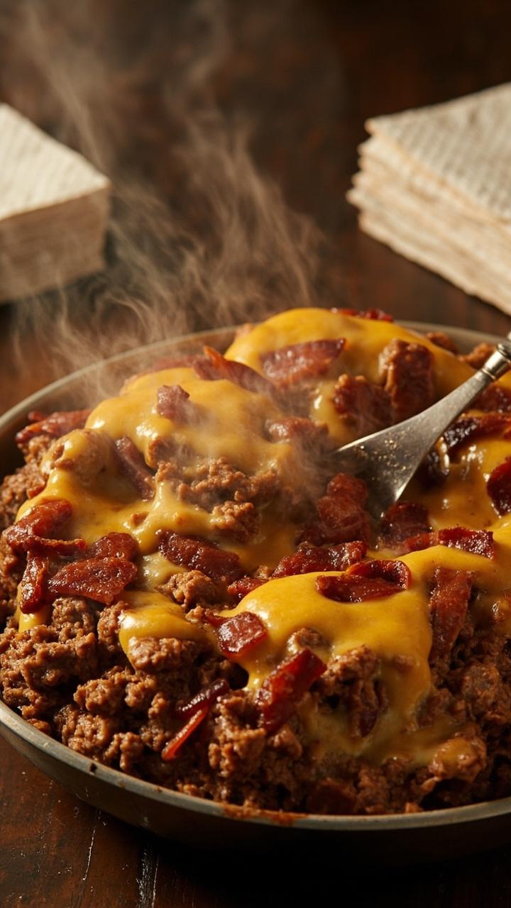 Shallow skillet filled with browned hamburger in a glossy cheese sauce with visible bacon pieces and melted cheese. A serving spoon rests inside and paper napkins sit nearby.