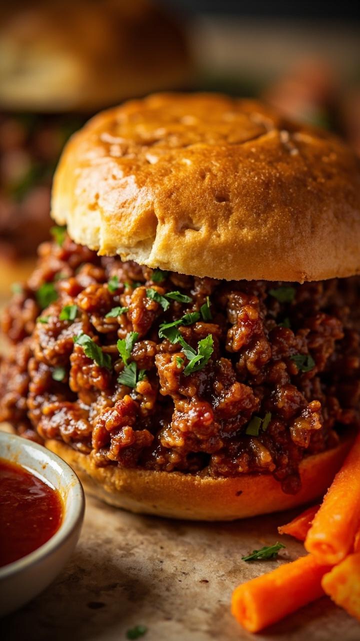 Heaping pile of glossy sloppy joe mix on a toasted bun with a scattering of chopped parsley. A small bowl of extra sauce and a side of carrot sticks sit nearby.