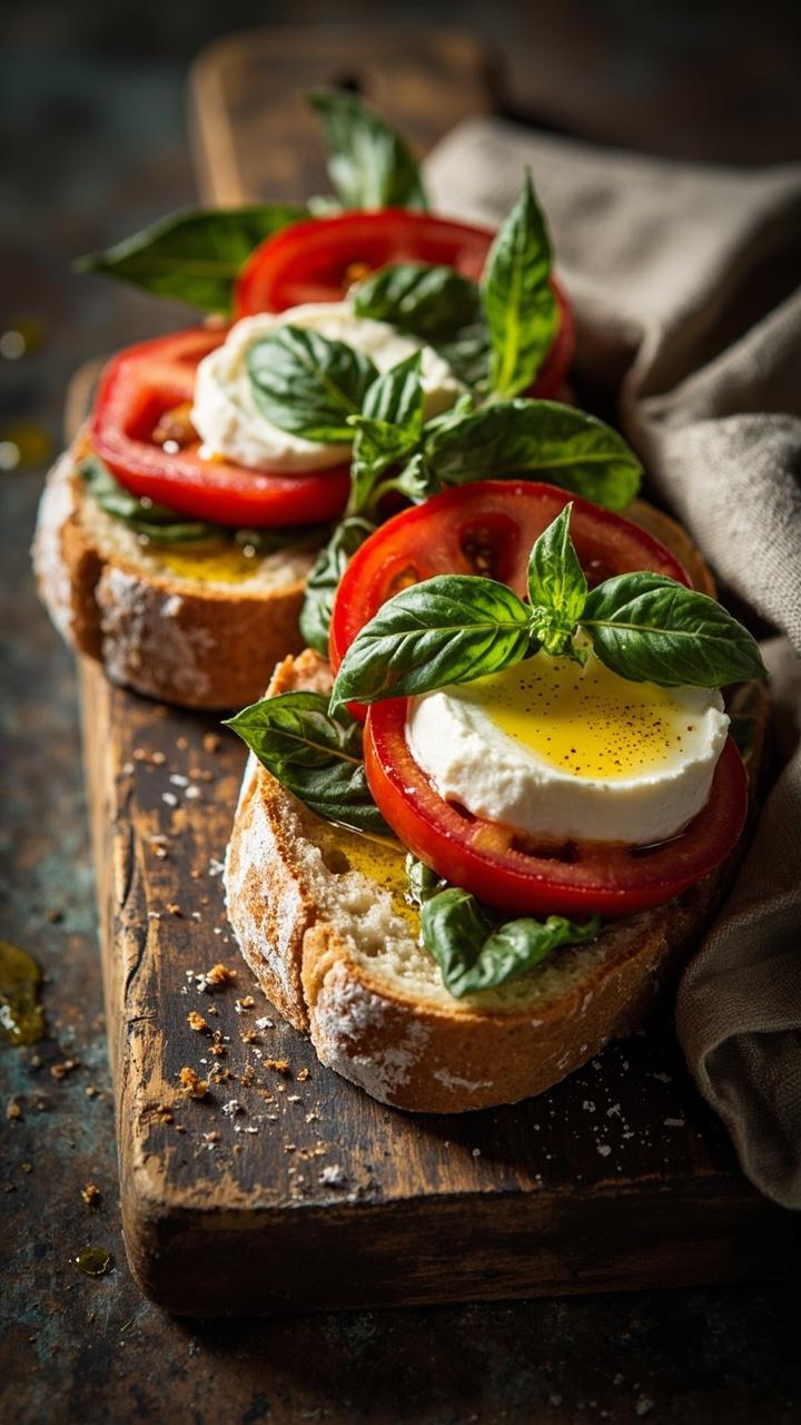 Thick slices of rustic ciabatta, alternating layers of glossy red tomato and soft white mozzarella, bright green basil leaves peeking out, a light drizzle of golden olive oil, crumbs on a wooden board with a folded cloth napkin