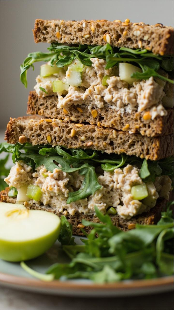 Two slices of seeded whole grain bread, chunky tuna salad with visible small apple cubes and celery shreds, a few arugula leaves spilling out, a slice of green apple on the side, natural light on a ceramic plate