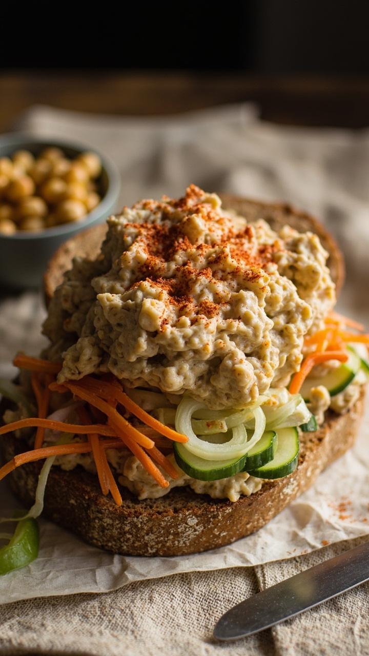 Smashed pale chickpea mixture piled on slices of whole wheat bread, thin cucumber ribbons and shredded carrots tucked into the sandwich, a sprinkling of paprika on top, a small bowl of chickpeas beside it, simple linen napkin