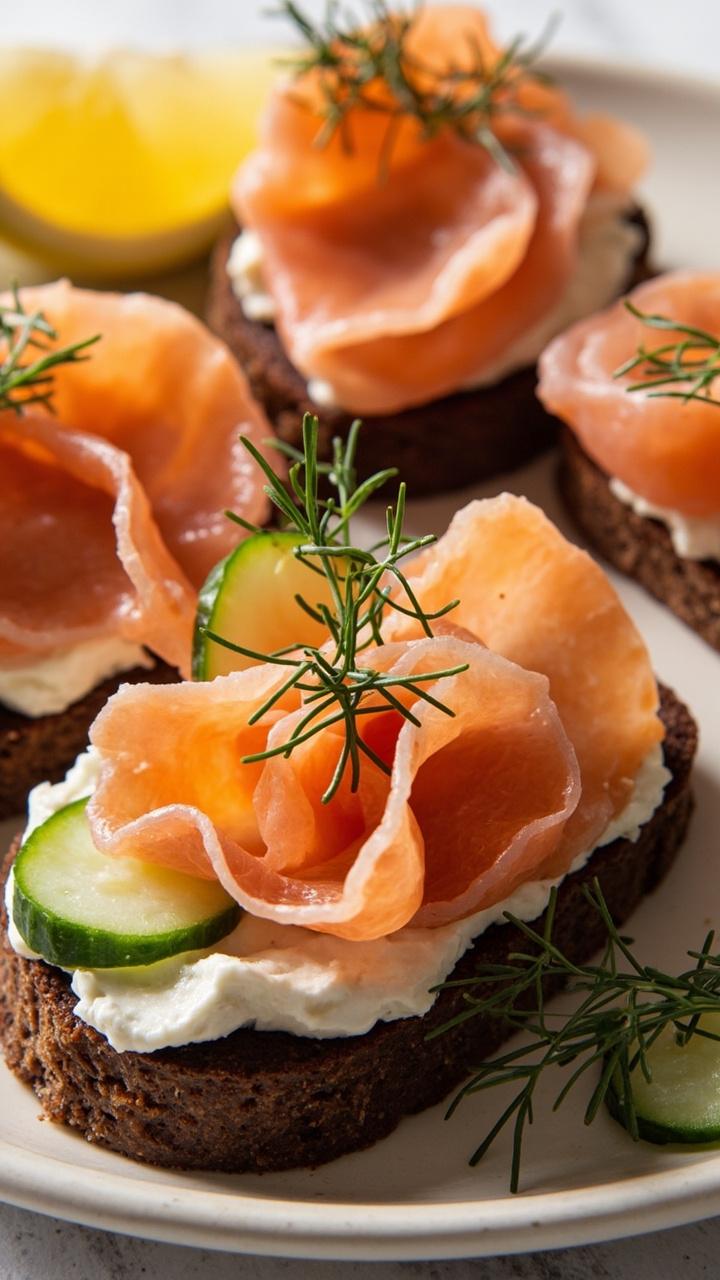 Thin slices of dark rye bread with layers of cream cheese, folded ribbons of pink smoked salmon, thin cucumber rounds, sprinkle of chopped fresh dill, a lemon wedge on a small plate