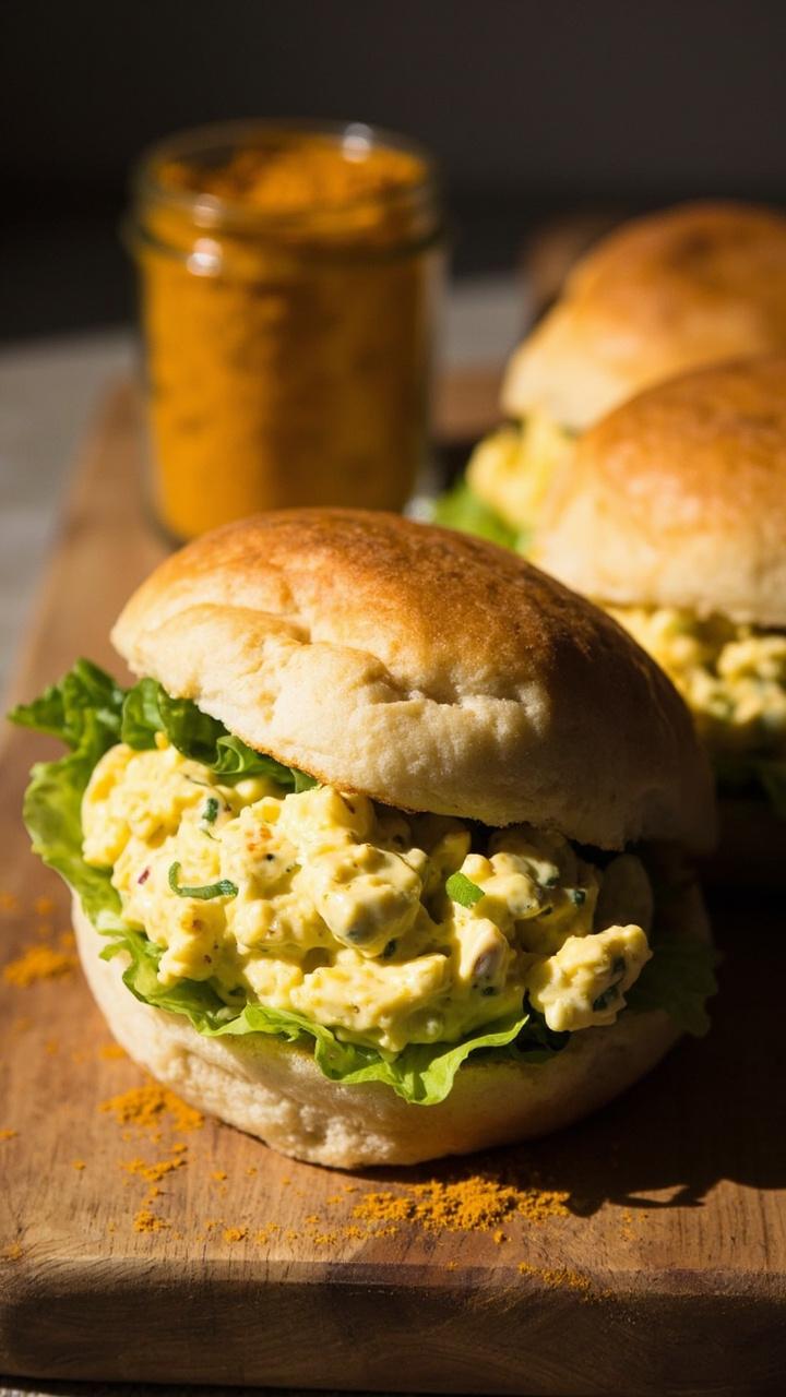Soft sandwich rolls filled with pale yellow curried egg salad, tiny flecks of green scallion throughout, a few lettuce leaves peeking out, a small jar of curry powder nearby, wooden cutting board