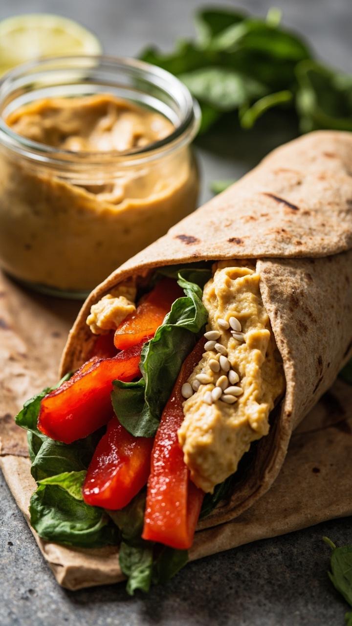 A whole wheat wrap cut in half to show creamy beige hummus, strips of bright marinated red peppers, dark green spinach leaves, a sprinkle of sesame seeds, a small jar of hummus beside it