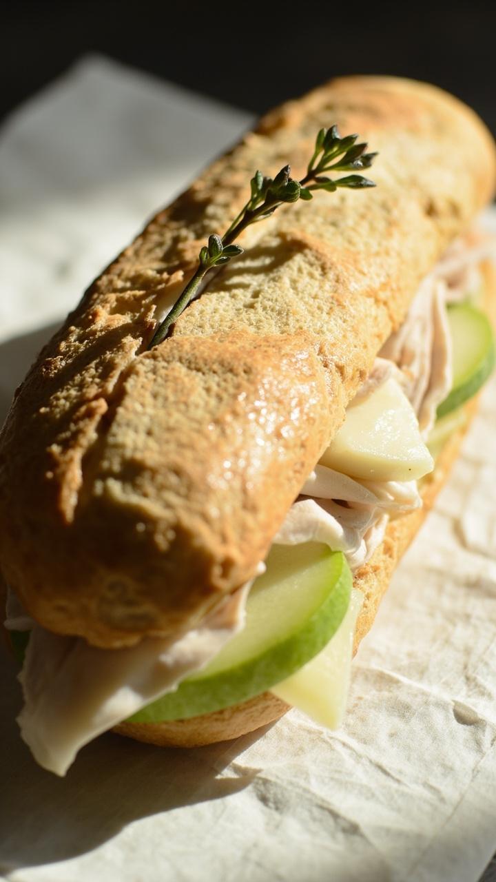 Soft baguette halves filled with thin slices of pale deli turkey, wedges of creamy brie melting slightly against the meat, thin green apple slices for crunch, a small sprig of thyme, a simple napkin