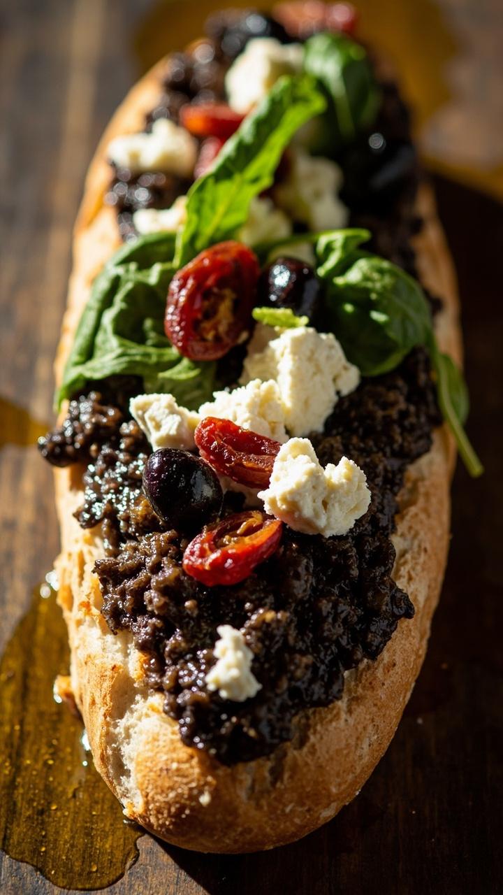 Crusty baguette with a spread of dark olive tapenade, crumbled white feta visible, slices of sun dried tomato, a few spinach leaves, olive oil glistening on the bread