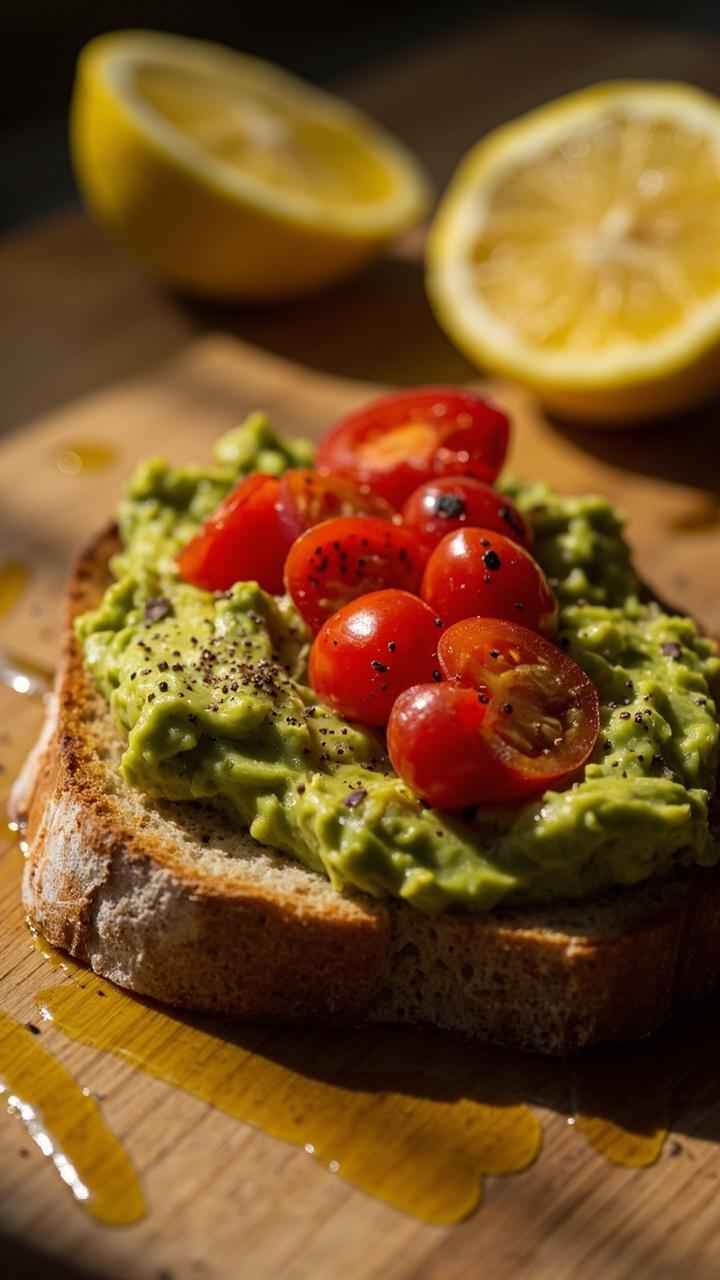 A single slice of toasted sourdough topped with mashed green avocado, scattered cherry tomato halves, a dusting of black pepper, a drizzle of olive oil, a lemon half in the background