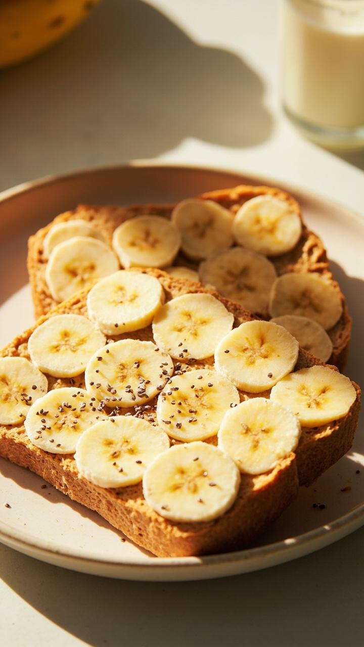 Two slices of soft white or whole wheat bread with a thick layer of smooth peanut butter, banana slices in neat rows, a light dusting of tiny chia seeds, a small glass of milk beside the plate