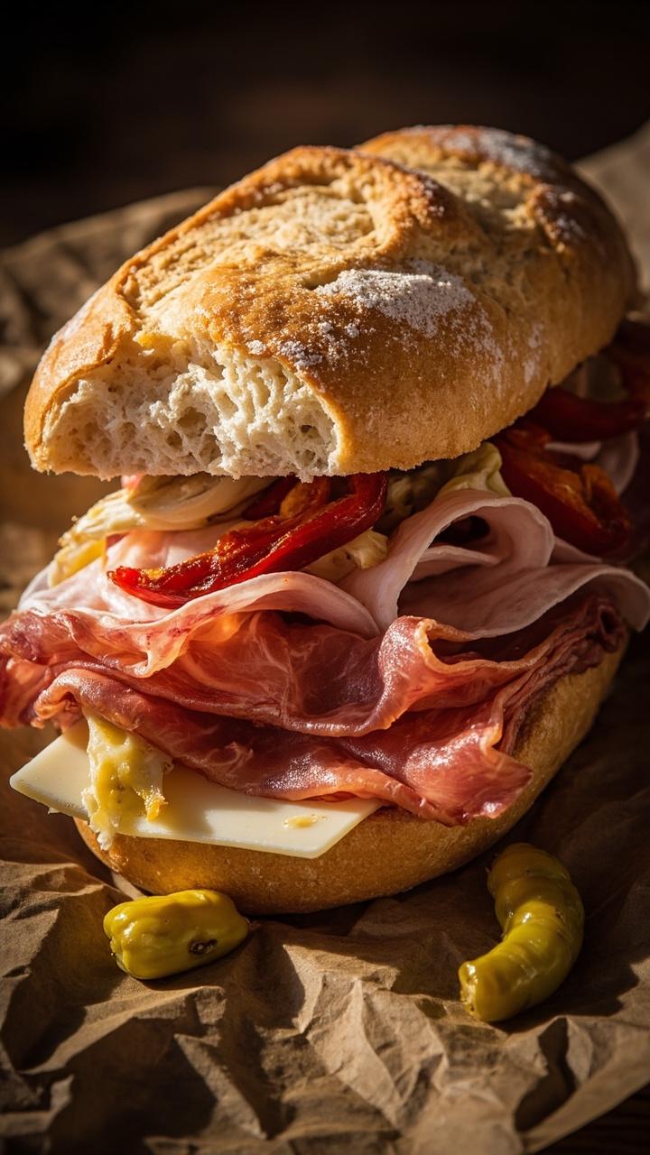 Ciabatta roll filled with layers of folded salami and prosciutto, slices of provolone, strips of marinated artichoke and roasted red pepper, a few pepperoncini on the side, butcher paper under the sandwich