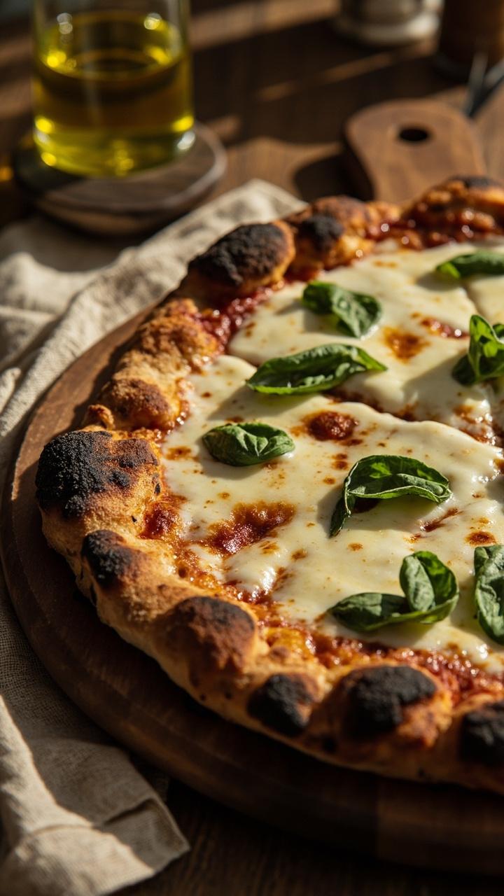 Golden edge crust on a round wooden board, melted white mozzarella with a few glossy spots of brown, bright green basil leaves scattered on top, a small ramekin of extra olive oil, linen napkin at the side