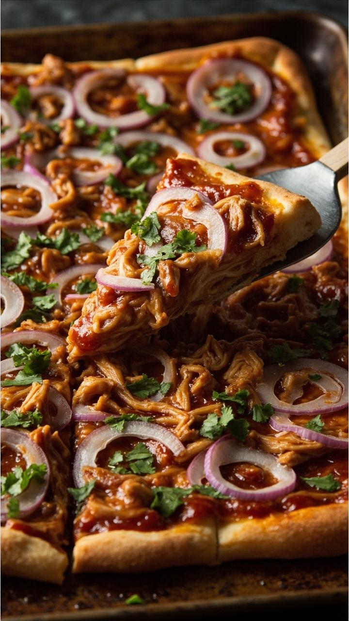 Rectangular sheet pizza on a metal rimmed baking sheet, caramelized edges on the golden crust, shredded chicken coated in glossy BBQ sauce, thin red onion rings and chopped cilantro scattered on top, wooden spatula lifting a slice