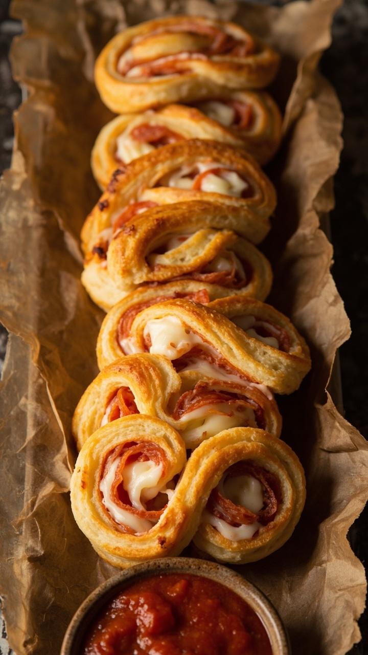 Five golden brown spiral roll ups on a narrow rectangular plate, visible rings of melted cheese and pepperoni, small bowl of marinara for dipping, crumpled parchment paper underneath
