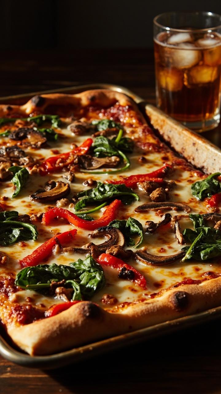 Wide sheet pizza on a baking sheet, colorful toppings visible with roasted red peppers, baby spinach, sliced mushrooms, and melted cheese, corner slice slightly pulled away, small glass of iced tea nearby