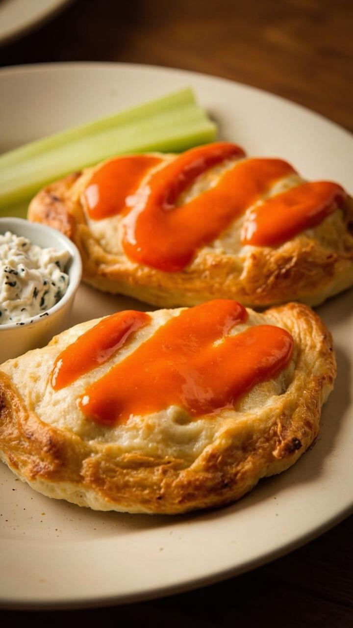 Two golden half moon calzones on a round plate, glossy buffalo sauce brush marks, small bowl of blue cheese dressing, few celery sticks at the side