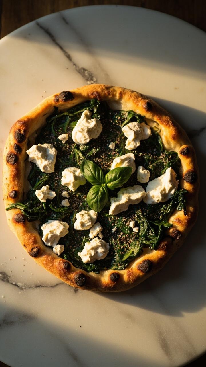 Round pizza on a marble slab, creamy white ricotta patches, wilted spinach with flecks of crumbled feta, a light dusting of black pepper, small basil sprig for garnish