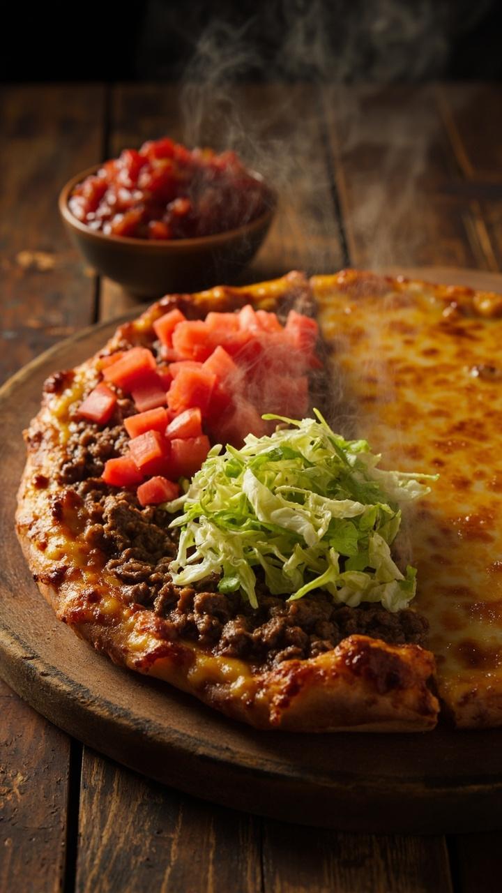Round pizza on a wooden board, browned taco seasoned beef under melted cheddar, diced tomatoes and shredded lettuce in neat piles on half the pizza, small bowl of salsa at the side