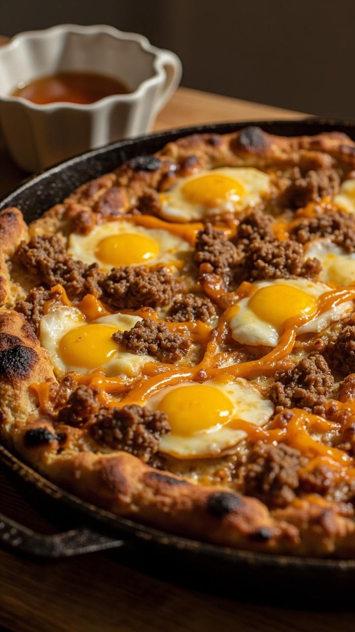Round pizza on a cast iron skillet, golden edges, scattered crumbles of browned breakfast sausage, ribbons of scrambled egg, melted cheddar patches, small cup of maple syrup in the background