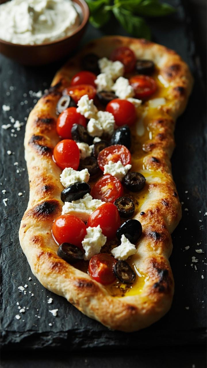 Oblong flatbread on a slate serving board, thinly spread olive oil glisten on crust, scattered halved cherry tomatoes, black olive slices, crumbled feta, small bowl of tzatziki on the side