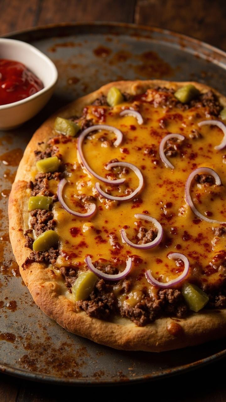 Round pizza on a metal pan, browned ground beef evenly spread under melted cheddar, thin pickle slices arranged in concentric rings, a few rings of purple onion, small dish of ketchup on the side
