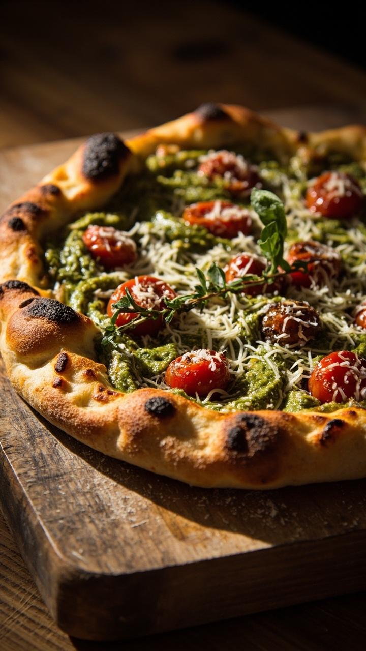 Round pizza on a wooden peel, swirled green pesto over a golden crust, scattered roasted cherry tomatoes and a dusting of grated Parmesan, few sprigs of thyme for garnish