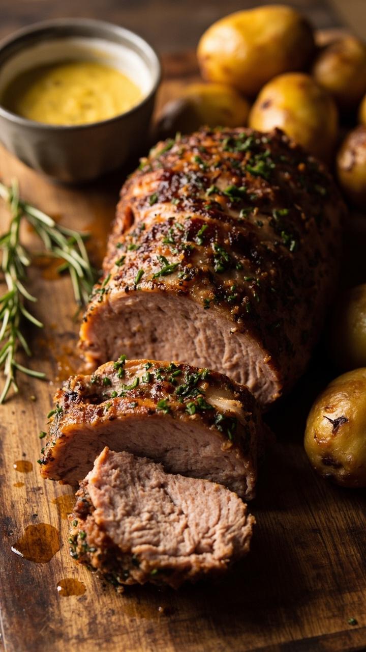 Golden brown pork tenderloin sliced on a wooden cutting board with visible herb crust green flecks roasted baby potatoes a small bowl of mustard sauce and a sprig of rosemary on the side
