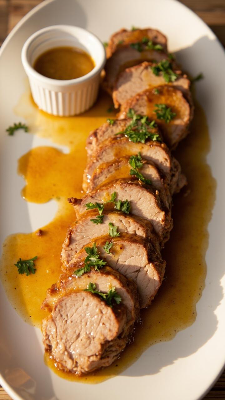 Sliced pork tenderloin coated in glossy amber honey mustard glaze arranged on a white oval plate with a small ramekin of extra glaze and a scattering of chopped parsley